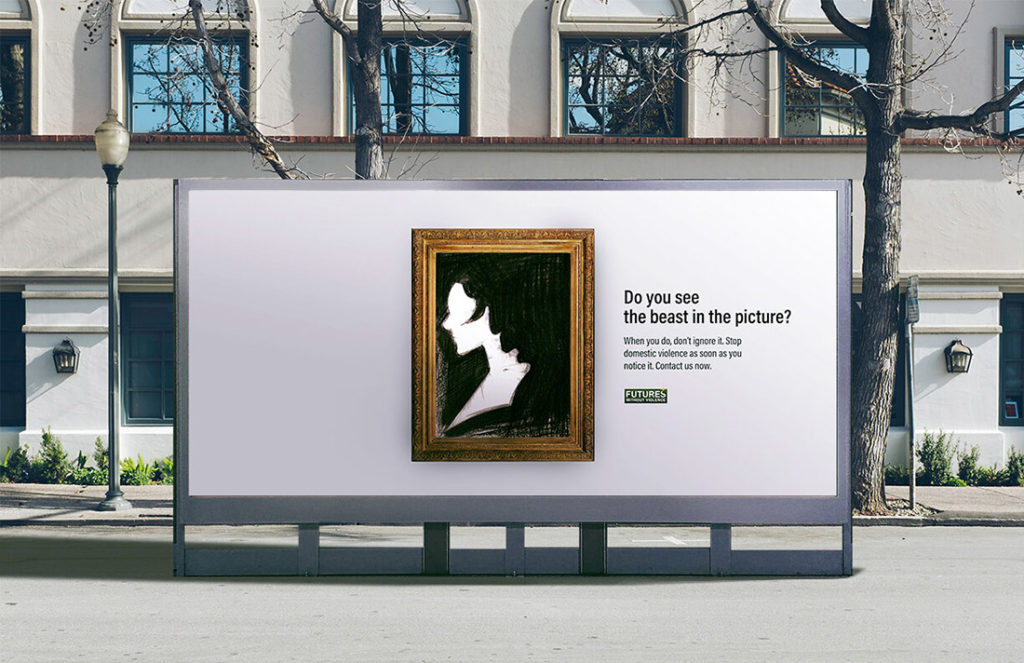A bus stop poster with a painting of a woman on it.