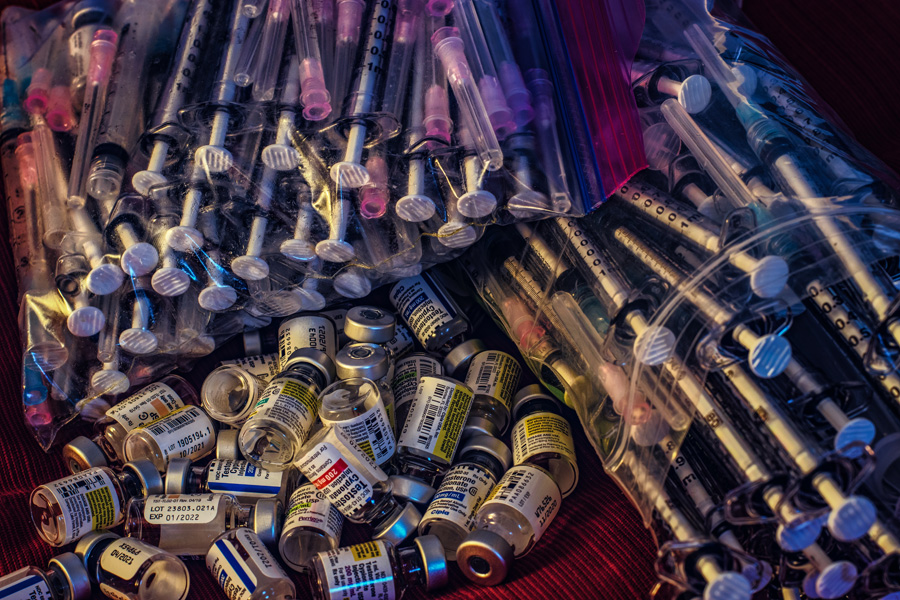Needles and drug bottles