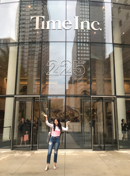 Yerin Kim in front of the Time Building in New York