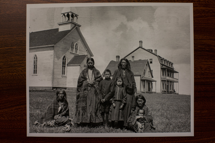 A black and white photo of a Cree family.