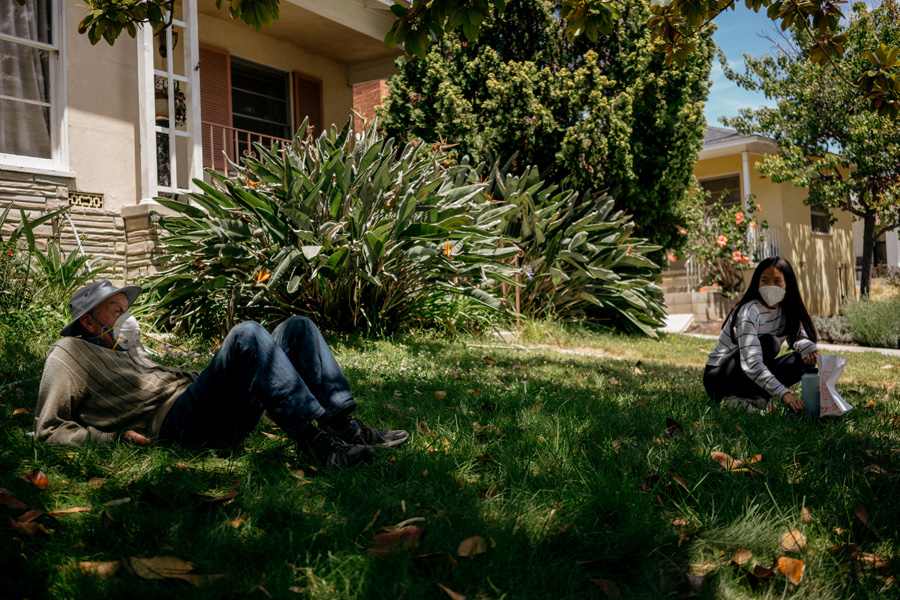 A senior man lying on the lawn, wearing a mask, while a young girl crouches a few feet away.