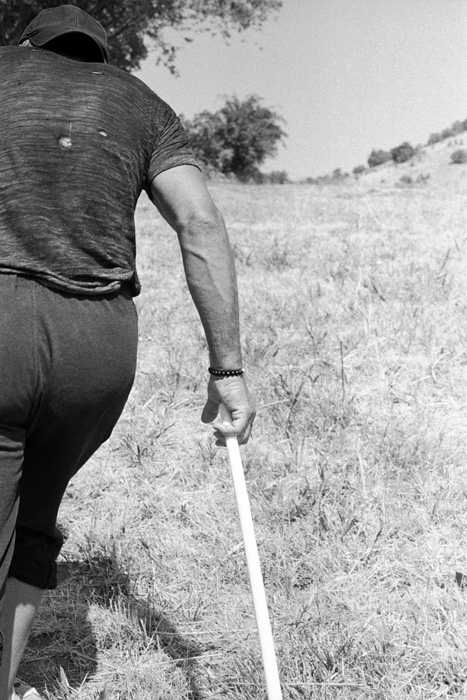 A man with a walking stick moving through a field.