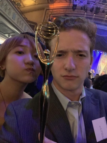 Yuxin Xiong '19 and Will Milowsky '19 hold their Clio award at the ceremony Sept. 25, 2019.