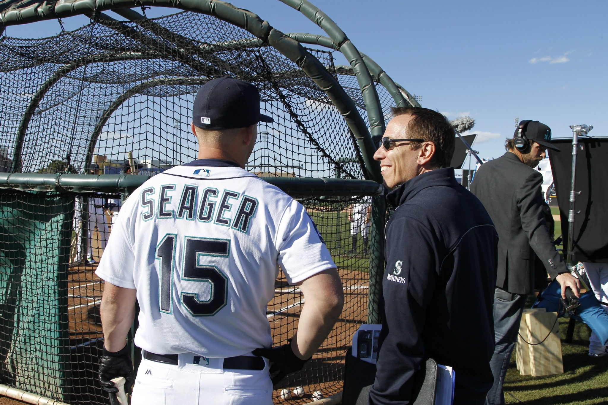 Alumnus Kevin Martinez and Mariners third baseman Kyle Seager on the set of a commercial shoot.