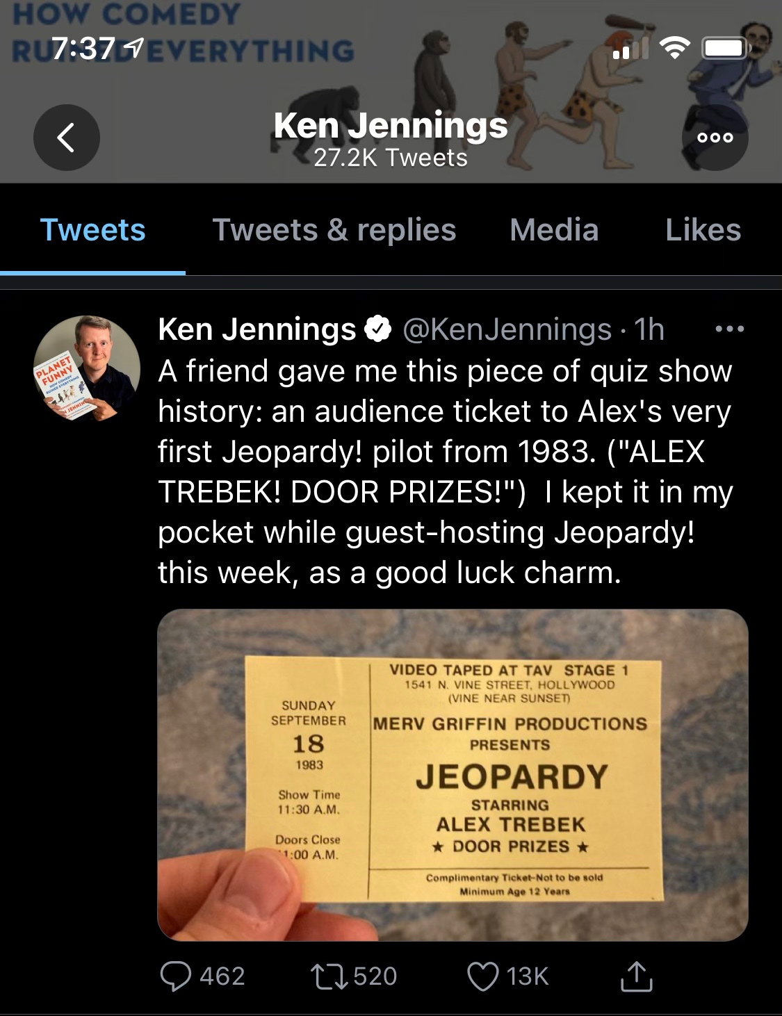 Tweet from Ken Jennings with a picture of the ticket Bob Boden gave him: "A friend gave me this piece of quiz show history: an audience ticket to Alex's very first Jeopardy! pilot from 1983. ("ALEX TREBEK! DOOR PRIZES!") I kept it in my pocket while guest-hosting Jeopardy! this week, as a good luck charm."