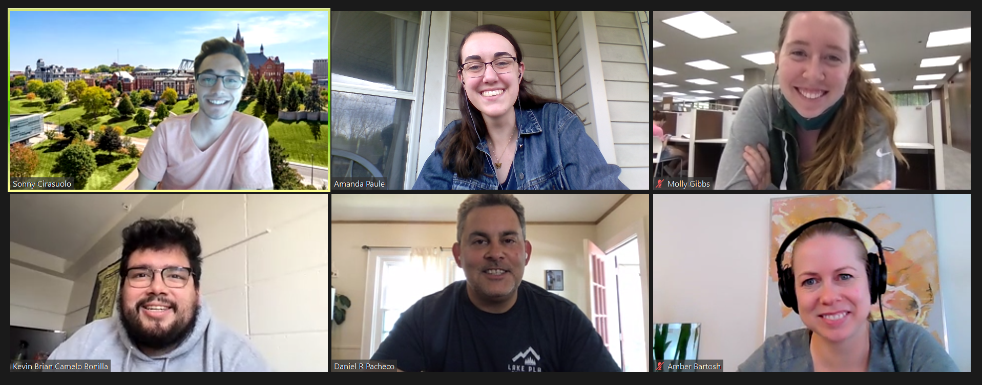 A zoom meeting screenshot of five students and professor Dan Pacheco.