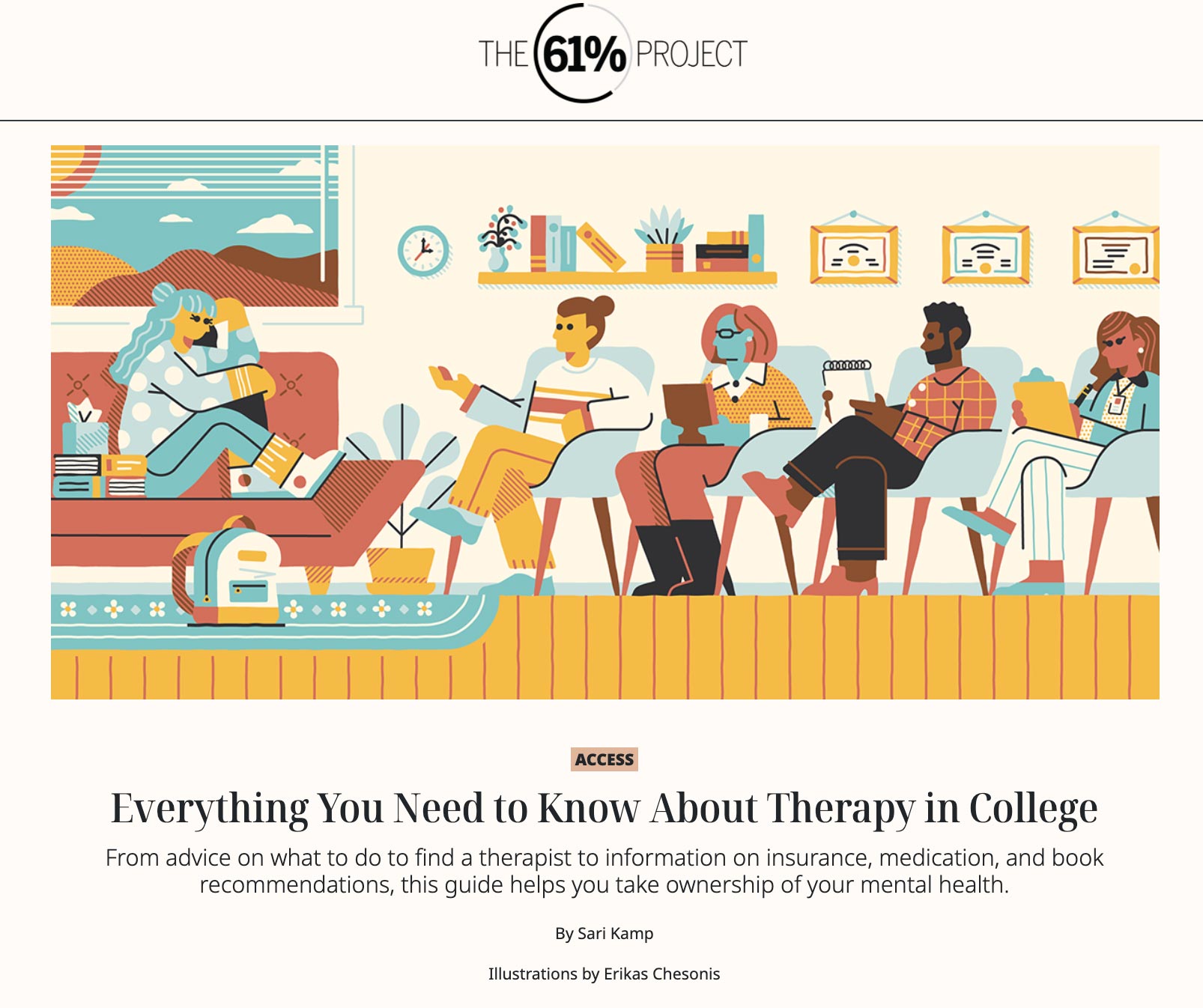 A screenshot of the website page titled "Everything You Need to Know About Therapy in College" with an illustration of a student on a couch with four mental health professionals taking notes.