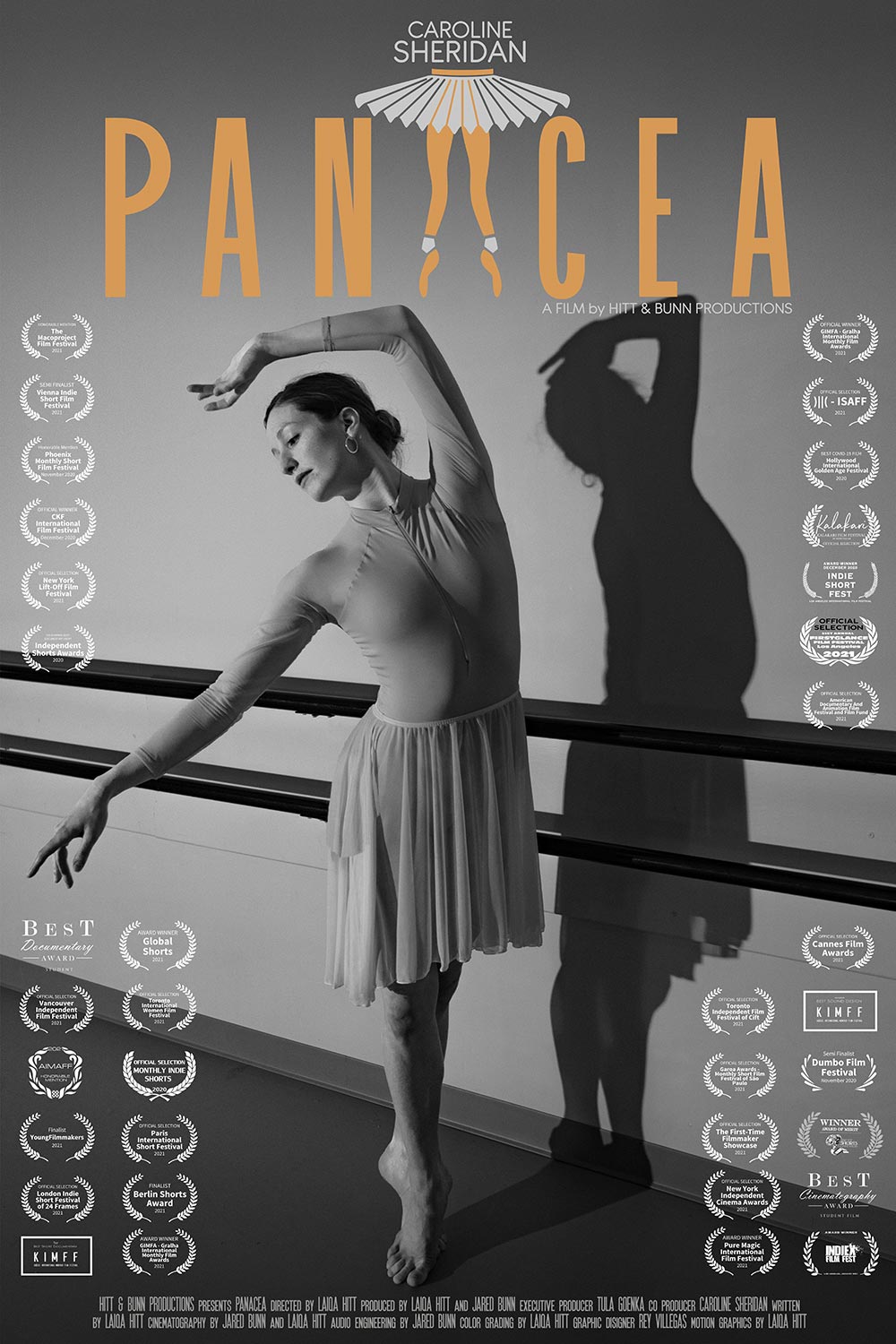Panacea poster with a black and white shot of Caroline Sheridan dancing and multiple film festival laurel graphics