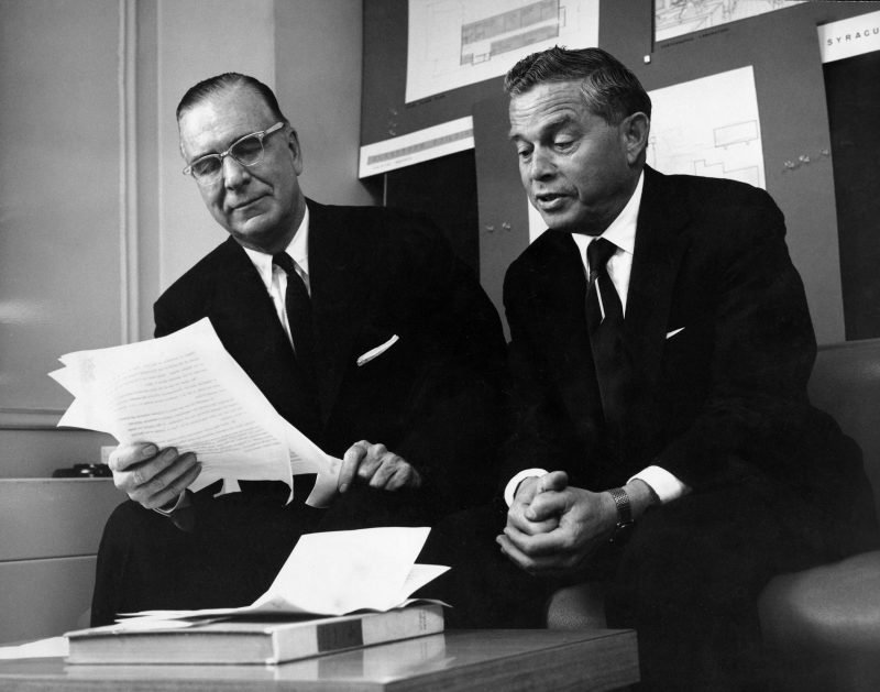 Chancellor William P. Tolley and Samuel I. Newhouse review plans for Newhouse 1, Jan. 27, 1960.