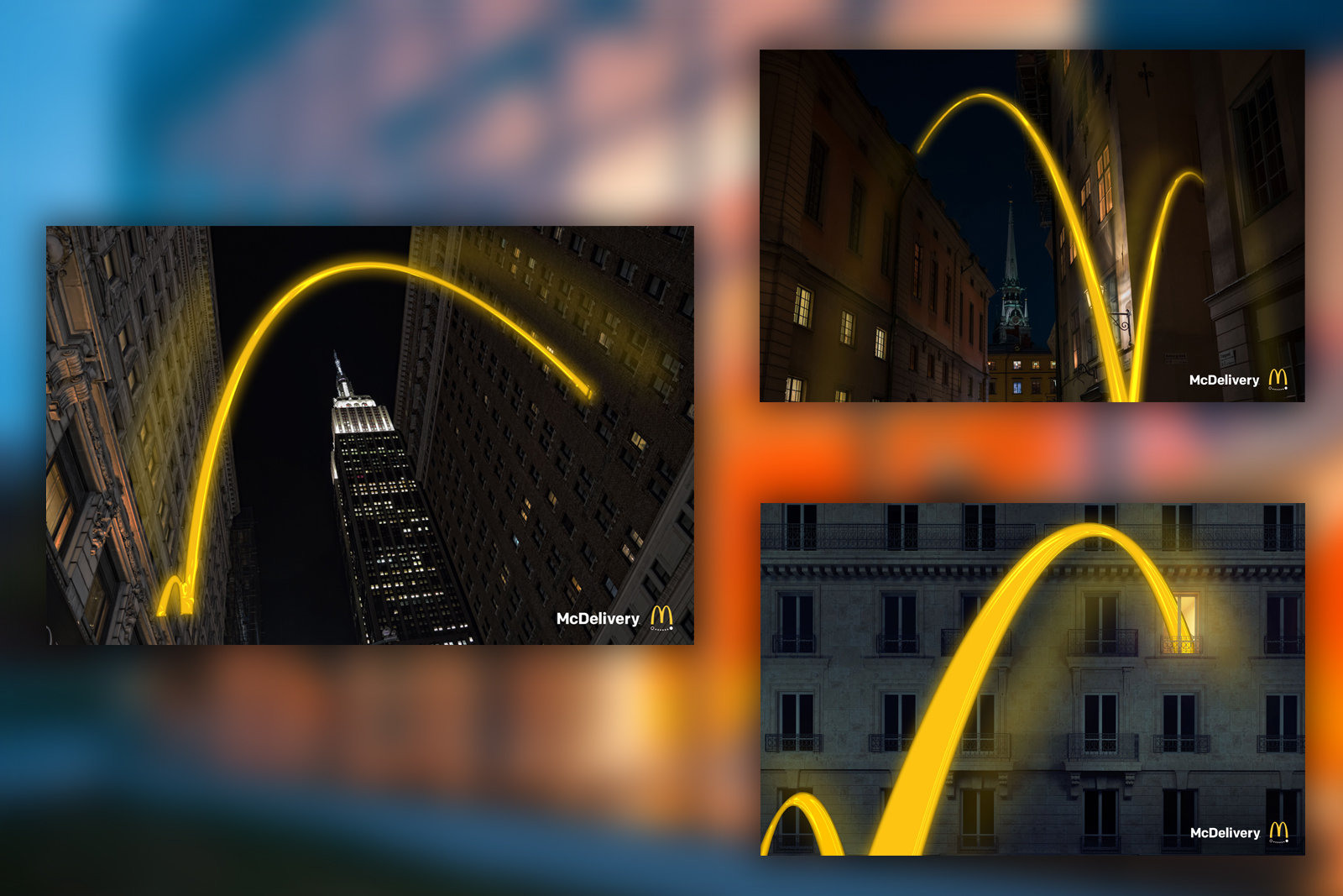 A series of images where the arc of the McDonald's logo looks like it's zooming across a city.