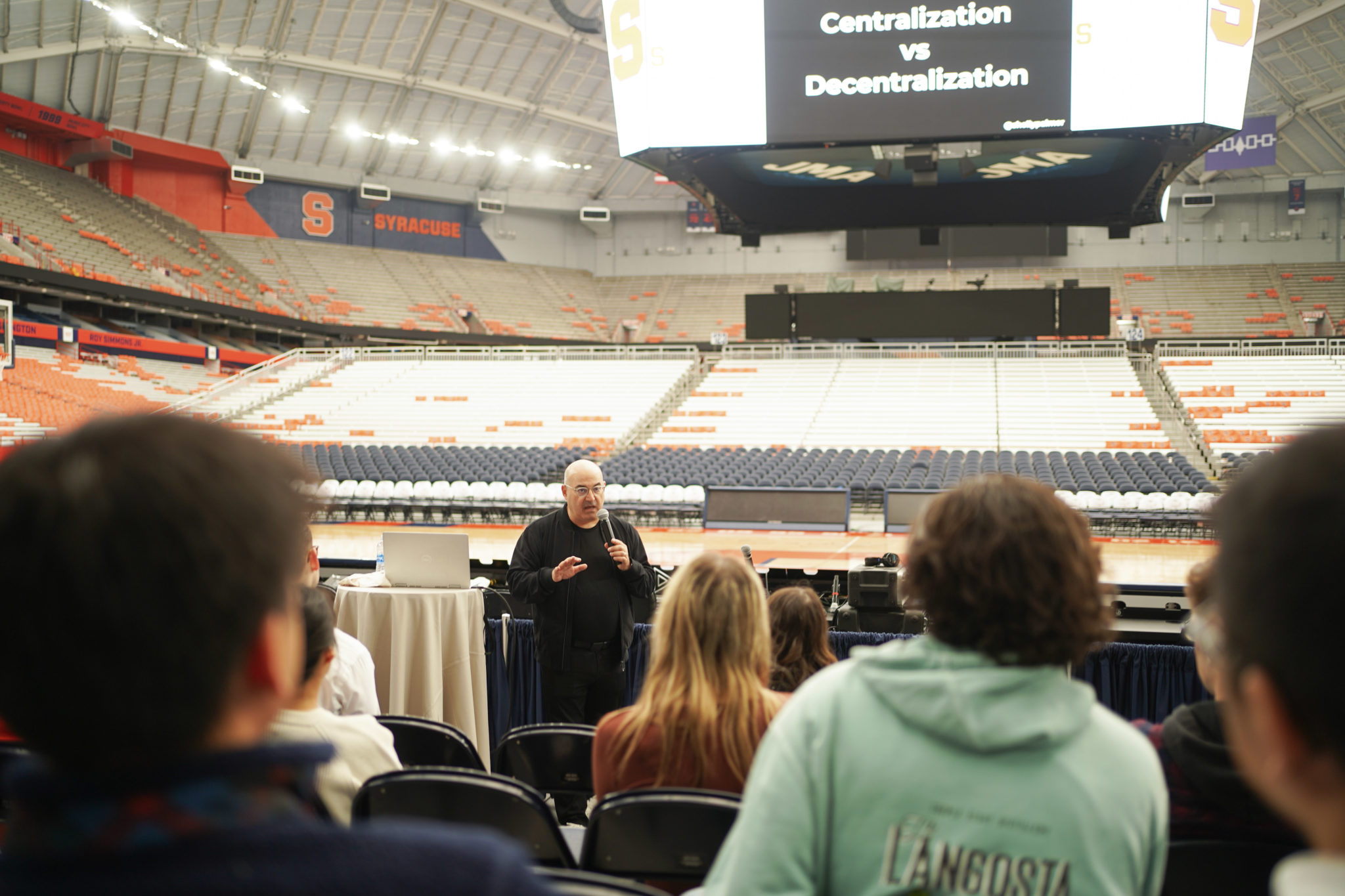 Advanced Media Professor in Residence Shelly Palmer speaking to students in November 2022 at the JMA Wireless Dome on campus about the intersection of Web3 and the sports fan experience.